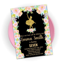 ブラックグリッターバレリーナ誕生日招待状 招待状