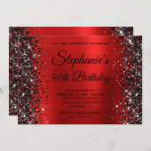 ブラックグリッターファンシーレッドモノグラム50誕生日 招待状 (正面/裏面)