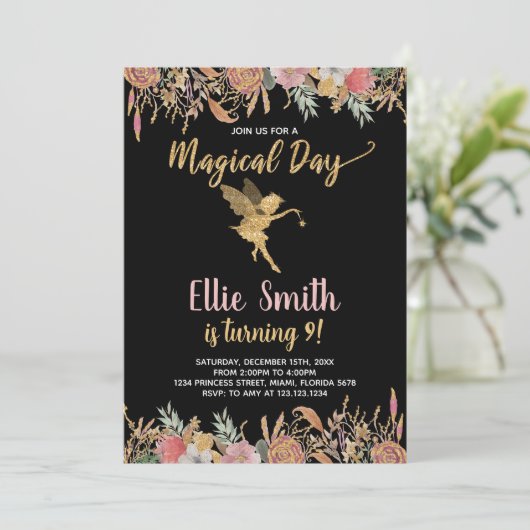 ブラックグリッターフローラ妖精誕生日招待状 招待状 (スタンド正面)