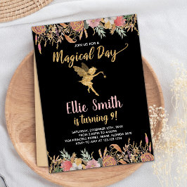 ブラックグリッターフローラ妖精誕生日招待状 招待状