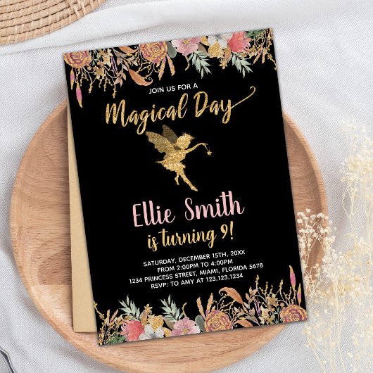 ブラックグリッターフローラ妖精誕生日招待状 招待状