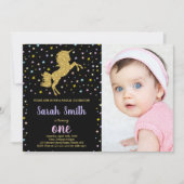 ブラックグリッターユニコーン誕生日招待状w写真 招待状 (正面)