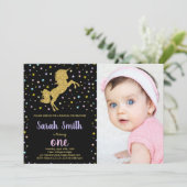 ブラックグリッターユニコーン誕生日招待状w写真 招待状 (スタンド正面)
