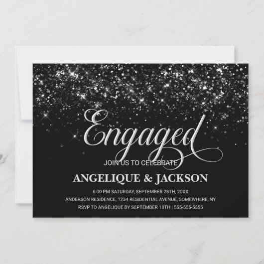 ブラックグリッター婚約パーティ 招待状 (正面)