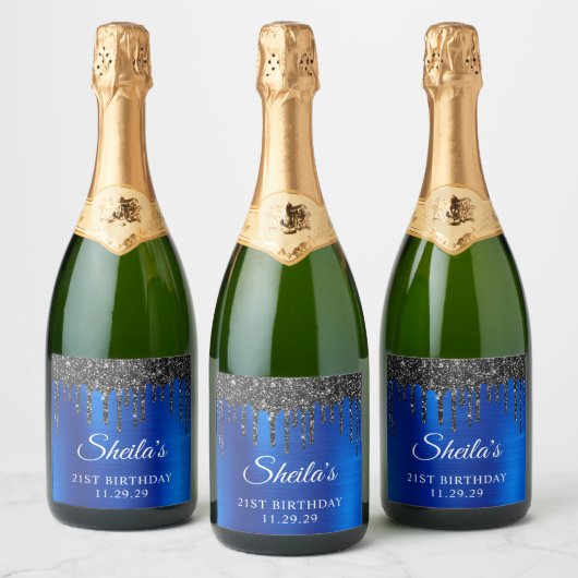 ブラックグリッター王室のドリップスブルーグラム21歳の誕生日 スパークリングワインラベル (ボトル)