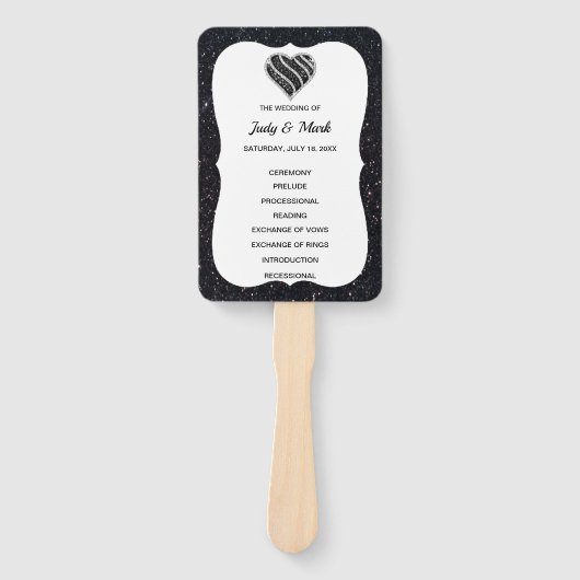 ブラックグリッター白黒ハート結婚式 プログラム ハンドファン (正面)