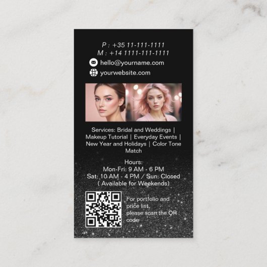 ブラックグリッター美しいメイクアップアーティスト写真QRコード 名刺 (裏面)