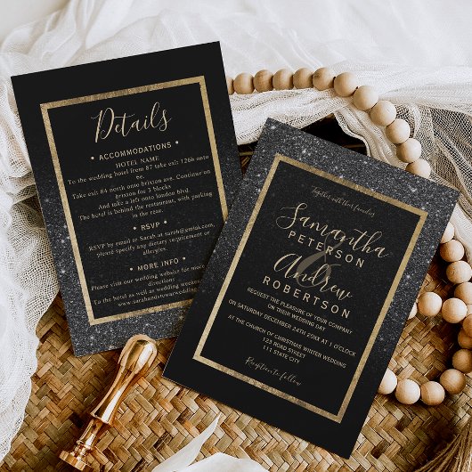 ブラックグリッター金ゴールドタイポグラフィシックな冬の結婚式 招待状