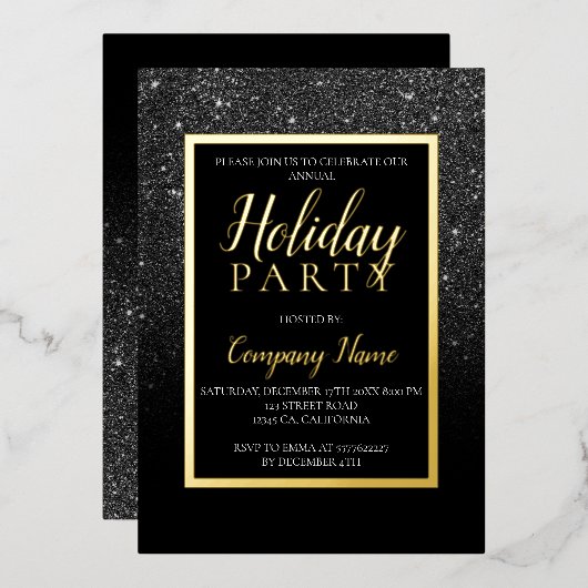 ブラックグリッター金ゴールドビジネス企業のクリスマス 箔招待状 (正面/裏面)
