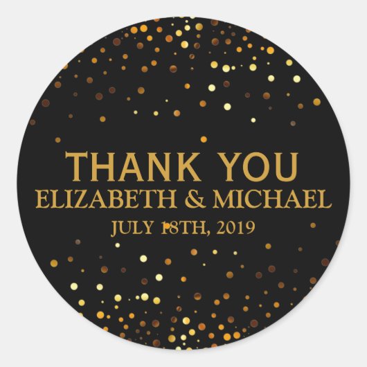 ブラックグリッター金ゴールドフェイク紙吹雪結婚ズ・サンキュー ラウンドシール (正面)