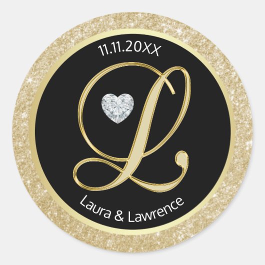ブラックグリッター金ゴールドモノグラ結婚ム封筒用シール ラウンドシール (正面)
