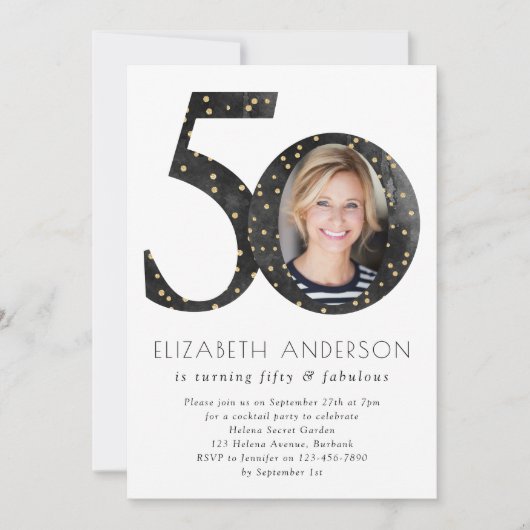 ブラックグリッター50と素晴らしい誕生日 招待状 (正面)