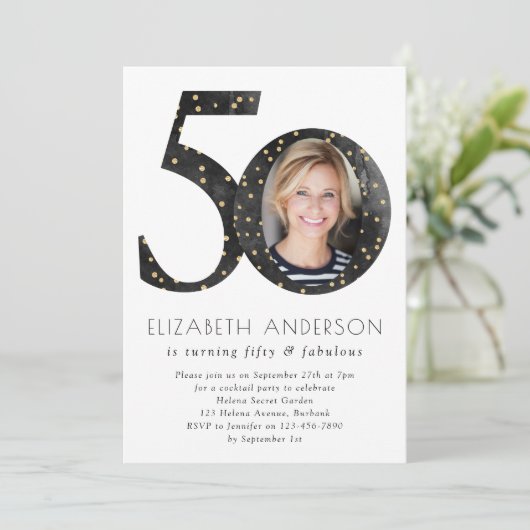 ブラックグリッター50と素晴らしい誕生日 招待状 (スタンド正面)