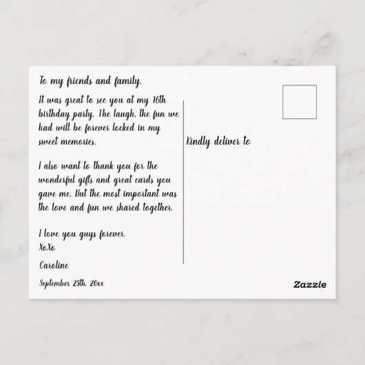 ブラックグリッター、スウィート16ありがとう ポストカード (裏面)