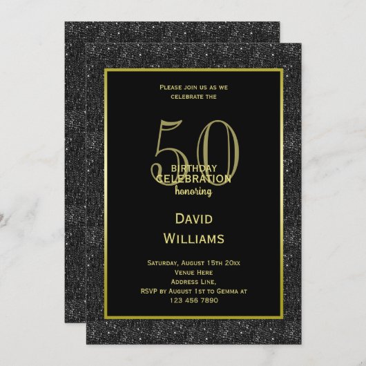 ブラックグリッター、金ゴールドフレーミングマンズ誕生日 招待状 (正面/裏面)
