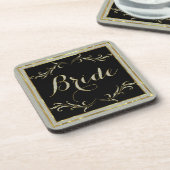 ブラックグリッター&金ゴールドフローラフレームブライド文字 コースター (左側)