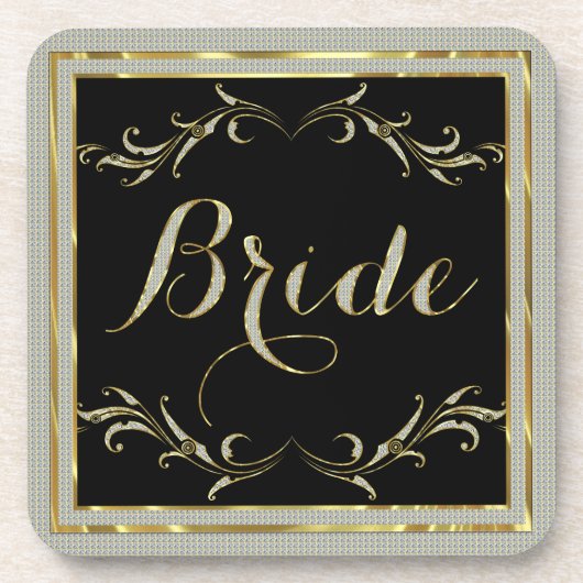ブラックグリッター&金ゴールドフローラフレームブライド文字 コースター (正面)