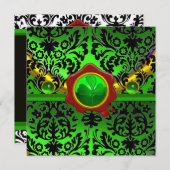 ブラックグリーンのダマスク、シャムロック、赤いワックスシールモノグラム 招待状 (正面/裏面)