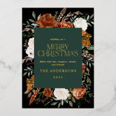 ブラックグリーンの花柄植物学的なエレガントなスクリプト 箔シーズンカード (正面)