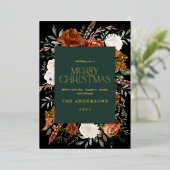 ブラックグリーンの花柄植物学的なエレガントなスクリプト 箔シーズンカード (立ち正面)