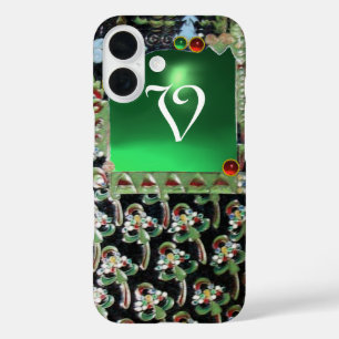 ブラックグリーンアールヌーボー宝石モノグラムエメラルド iPhone 16ケース
