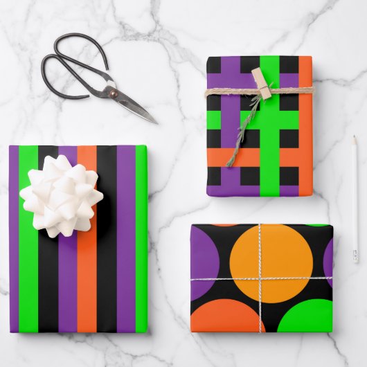 ブラックグリーンオレンジ紫ハロウィンパターン ラッピングペーパーシート (正面)