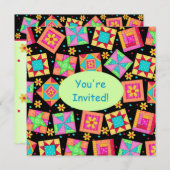 ブラックグリーンカラフルパッチワークキルトブロックアート 招待状 (正面/裏面)