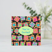 ブラックグリーンカラフルパッチワークキルトブロックアート 招待状 (スタンド正面)