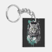 ブラックグリーンキャットキャットデザイン キーホルダー (正面左)