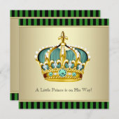 ブラックグリーンクラウンプリンス男の赤ちゃんシャワー 招待状 (正面/裏面)
