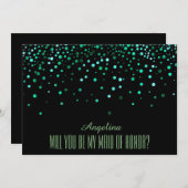 ブラックグリーングリッター私のメイド・オブ・オーナー（花嫁付き添い人） 招待状 (正面/裏面)