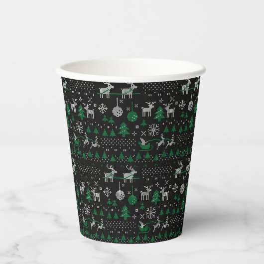 ブラックグリーンサンタトナカイ醜いクリスマスセーター 紙コップ (正面)