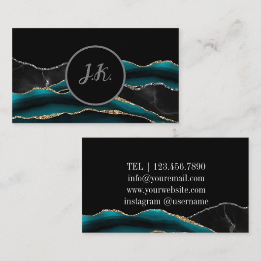 ブラックグリーンシルバーイニシャルアゲートグラムマーブル 名刺 (正面/裏面)
