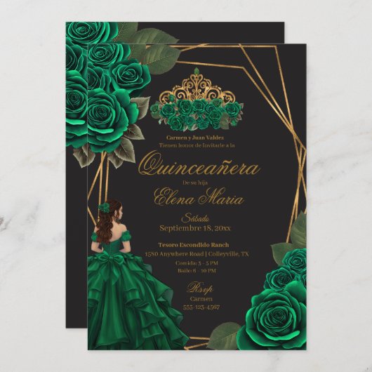 ブラックグリーンバラ金ゴールドプリンセスキンセアニラ 招待状 (正面/裏面)