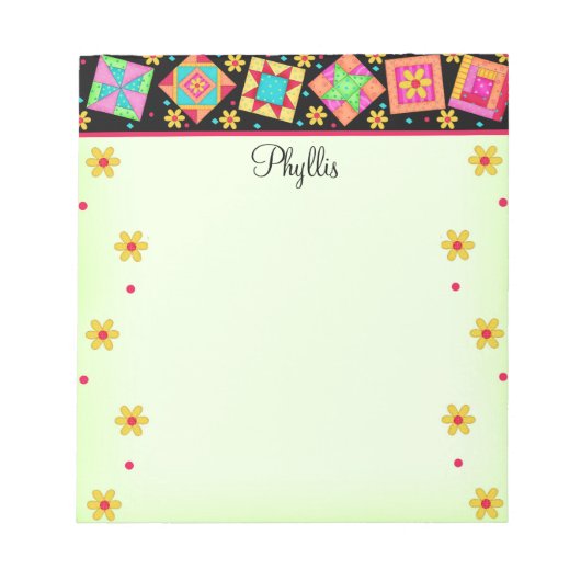 ブラックグリーンパッチワークキルトブロックアート ノートパッド (正面)