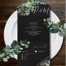 ブラックグリーンフローラユーカリプタミニマリストスクリプト オールインワン招待状