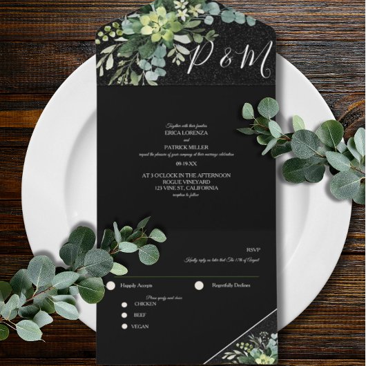 ブラックグリーンフローラユーカリプタミニマリストスクリプト オールインワン招待状