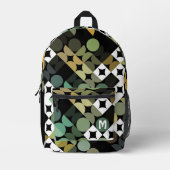 ブラックグリーンベージュブラウンミッドセンチュリーサークルパターン プリントバックパック (正面)