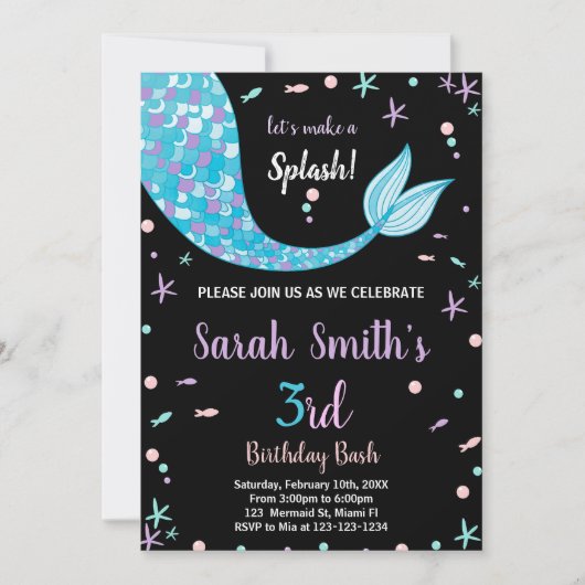 ブラックグリーンマーメイドテール誕生日招待状 招待状 (正面)