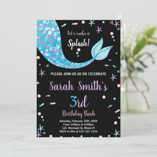 ブラックグリーンマーメイドテール誕生日招待状 招待状 (スタンド正面)