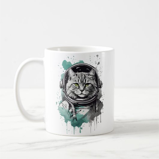 ブラックグリーン宇宙飛行士猫デザイン コーヒーマグカップ (左)