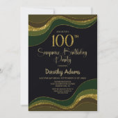 ブラックグリーン金ゴールドグリッターサプライズ100誕生日 招待状 (正面)