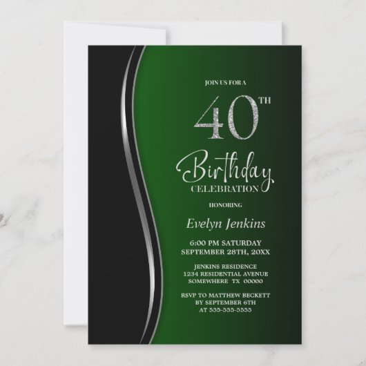 ブラックグリーン40歳の誕生日パーティー 招待状 (正面)