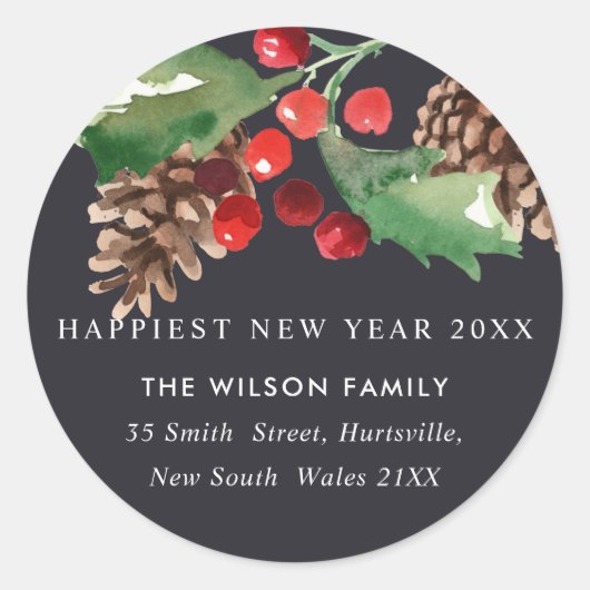 ブラックグリーンHOLLY BERRY PINE CONE新年アドレス ラウンドシール (正面)