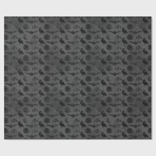 ブラックグレイゴシッククロウ&こうもり不気味スカル ラッピングペーパー (フラット)