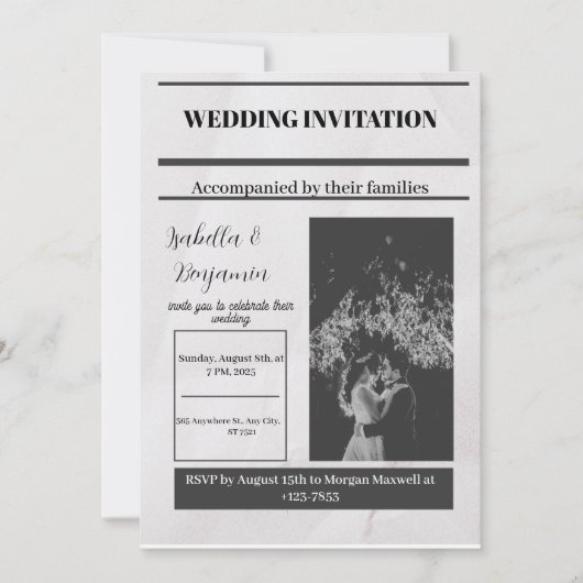 ブラックグレイシンプルヴィンテージ新聞社結婚のインビタ 招待状 (正面)