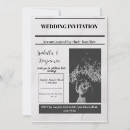 ブラックグレイシンプルヴィンテージ新聞社結婚のインビタ 招待状