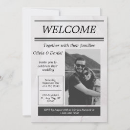 ブラックグレイシンプルヴィンテージ新聞社結婚のインビタ 招待状
