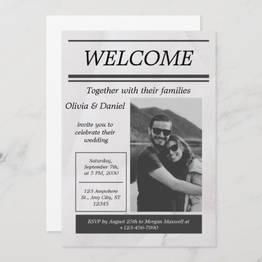 ブラックグレイシンプルヴィンテージ新聞社結婚のインビタ 招待状 (正面/裏面)