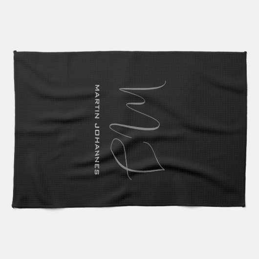 ブラックグレイモノグラムのネームモダンミニマリストシック キッチンタオル (横)